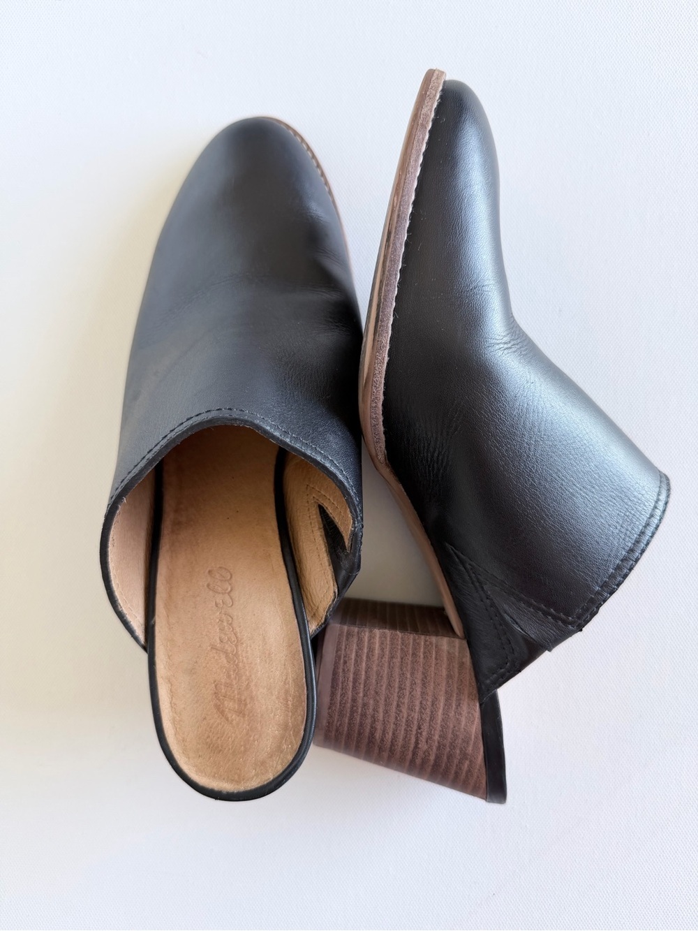 Madewell J8560 Black Leather Block Heel Mule Slides Pointed Toe 8.5